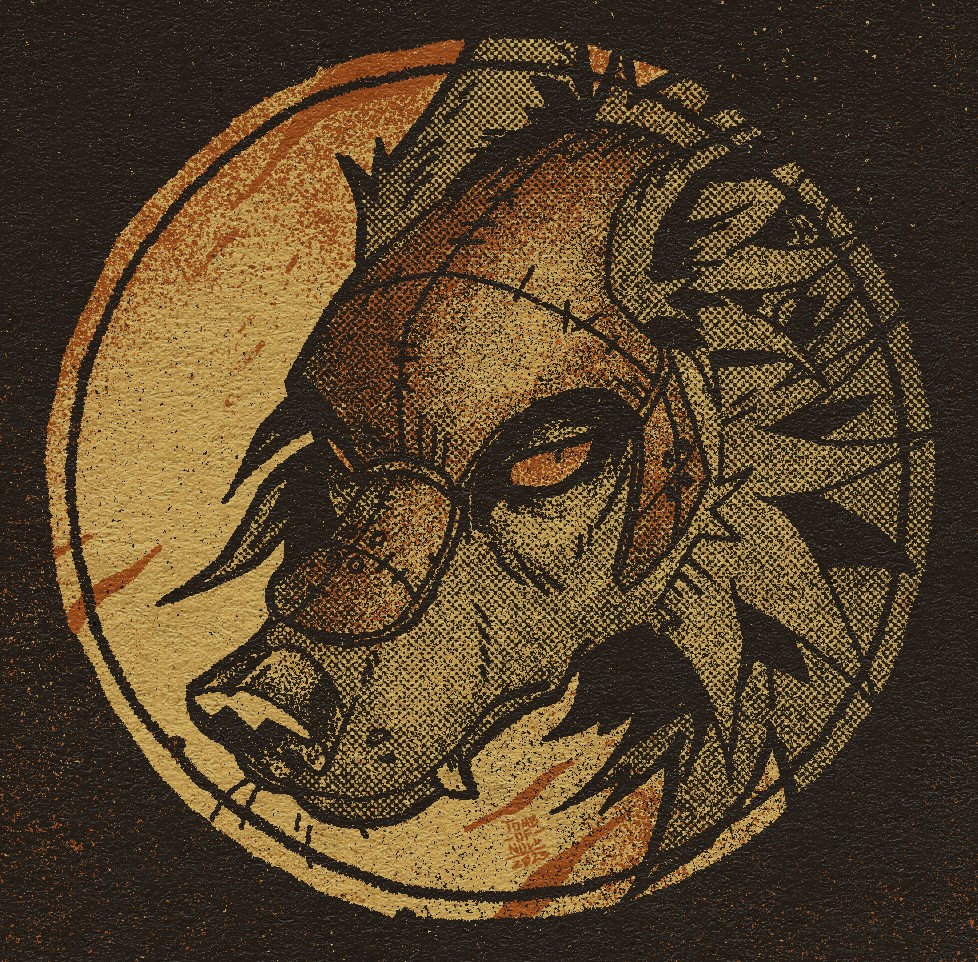 An illustration of a werewolf in their wolf form, wearing a simple leather helmet. Their expression is unimpressed.